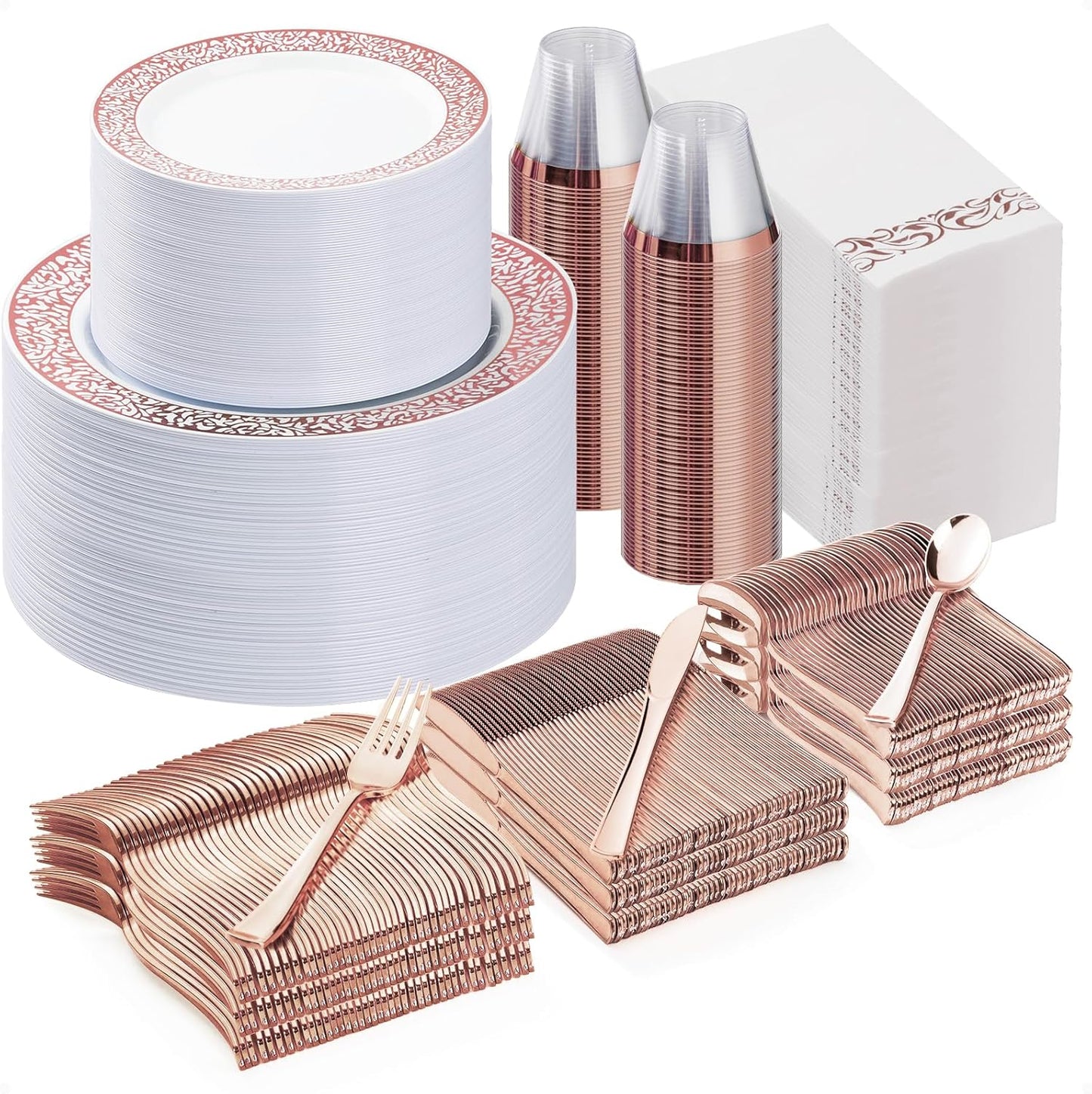 700PCS Rose Gold Plastic Dinnerware Set for 100 Guests, Disposable Plates for Party, Wedding, Include 100 Rose Dinner Plates, 100 Dessert Plates, 100 Set Silverware, 100 Cups, 100 Napkins