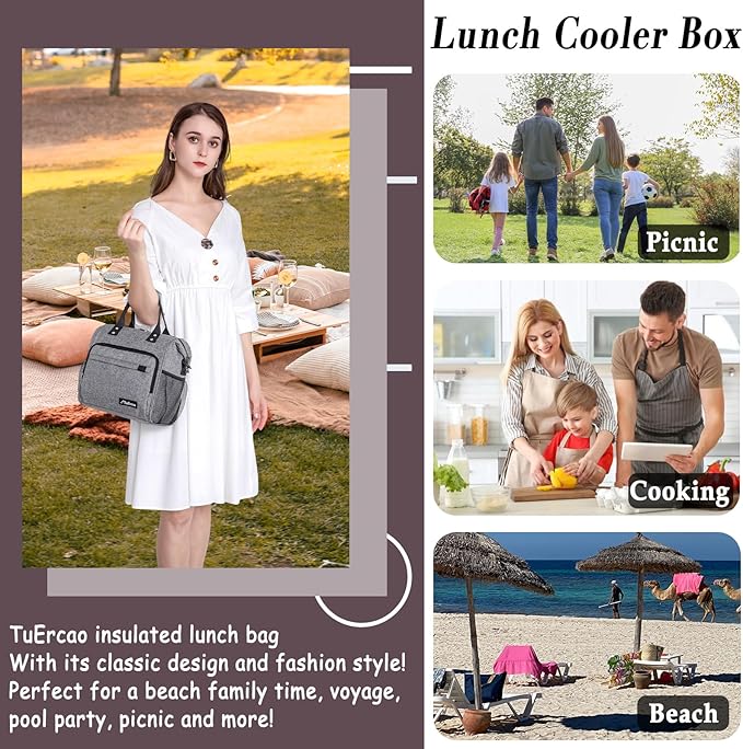 TuErCao Insulated Lunch Bag Soft Cooler Bag for Beach Travel Picnic, Adult Lunch Box for Women for Work, Dark Grey