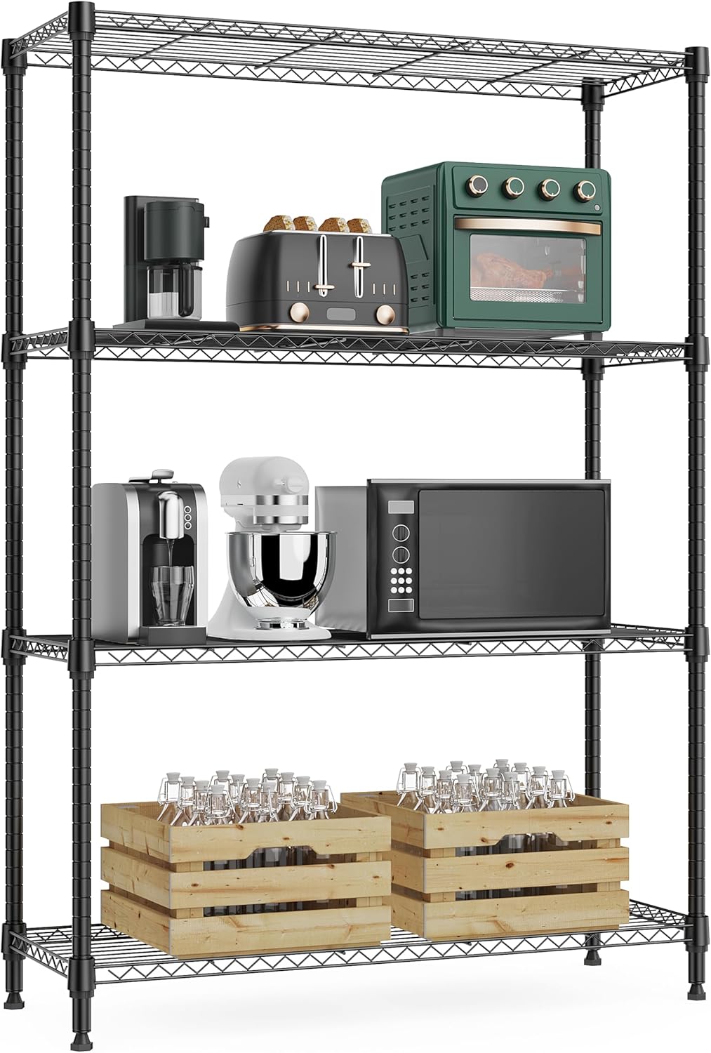 1000 lbs 4Tier Shelf Metal Storage Shelves Wire Rack Closet Organizers with Wheel for Garage Kitchen Bathroom Laundry Black 13.7" D x 29.5" W x 47.2" H