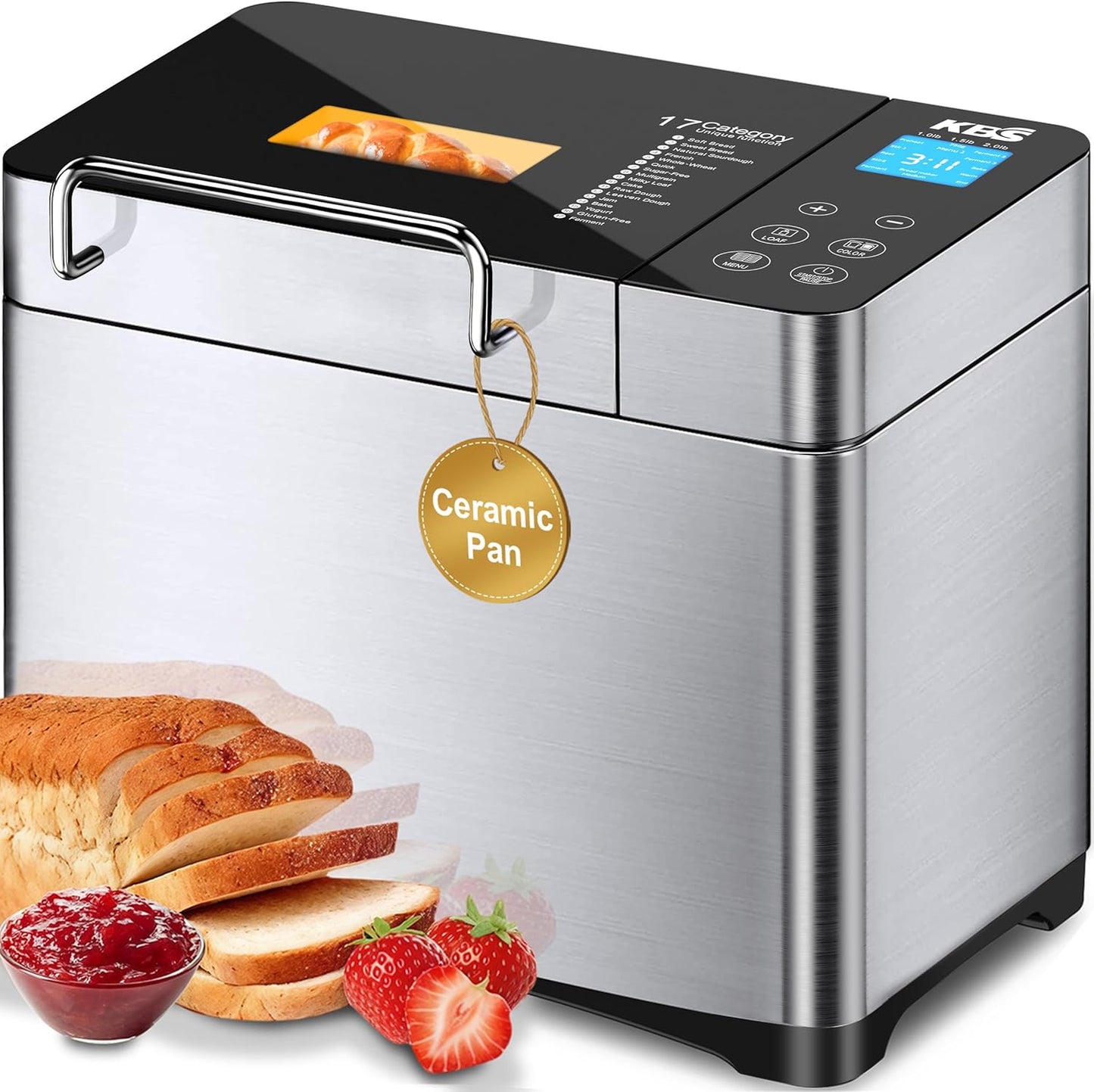KBS Pro 710W Bread Maker, 2LB 17-in-1 Automatic Bread Machine with Healthy Ceramic Pan, Nut Dispenser, Tempered Glass Touch Panel, Stainless Steel Housing,3 Crust Colors, 15H Timer&Keep-Warm, Recipe