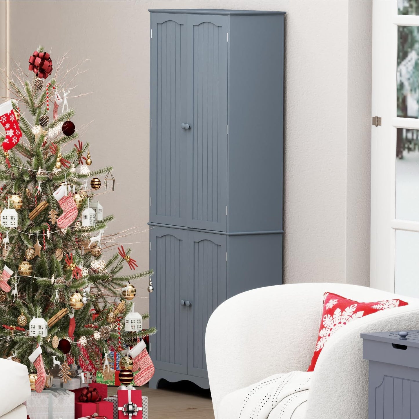 Function Home Tall Pantry Cabinet, Freestanding Storage Cabinet, Wooden Kitchen Pantry with 4 Doors and 5 Shelves, 72" Floor Cabinet Organizer for Kitchen Living Room Bathroom, Grey