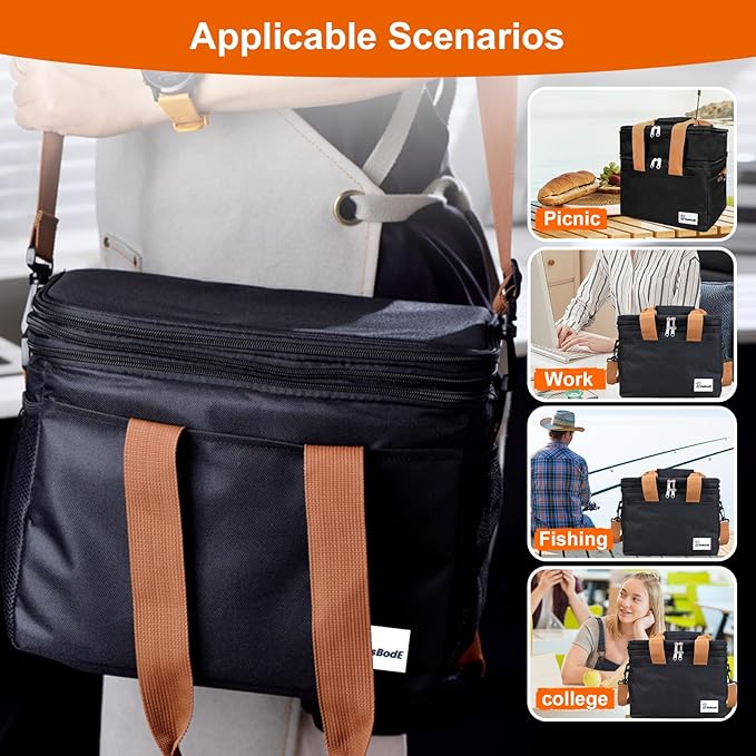 Upgraded Insulated Lunch Bag & Lunch Box for Men and Women - 15-20L Expandable Double Deck, Leakproof Soft Cooler Bag with Side Tissue Pocket - Large Adult Lunch Tote for Work, Picnic, Beach (Black)
