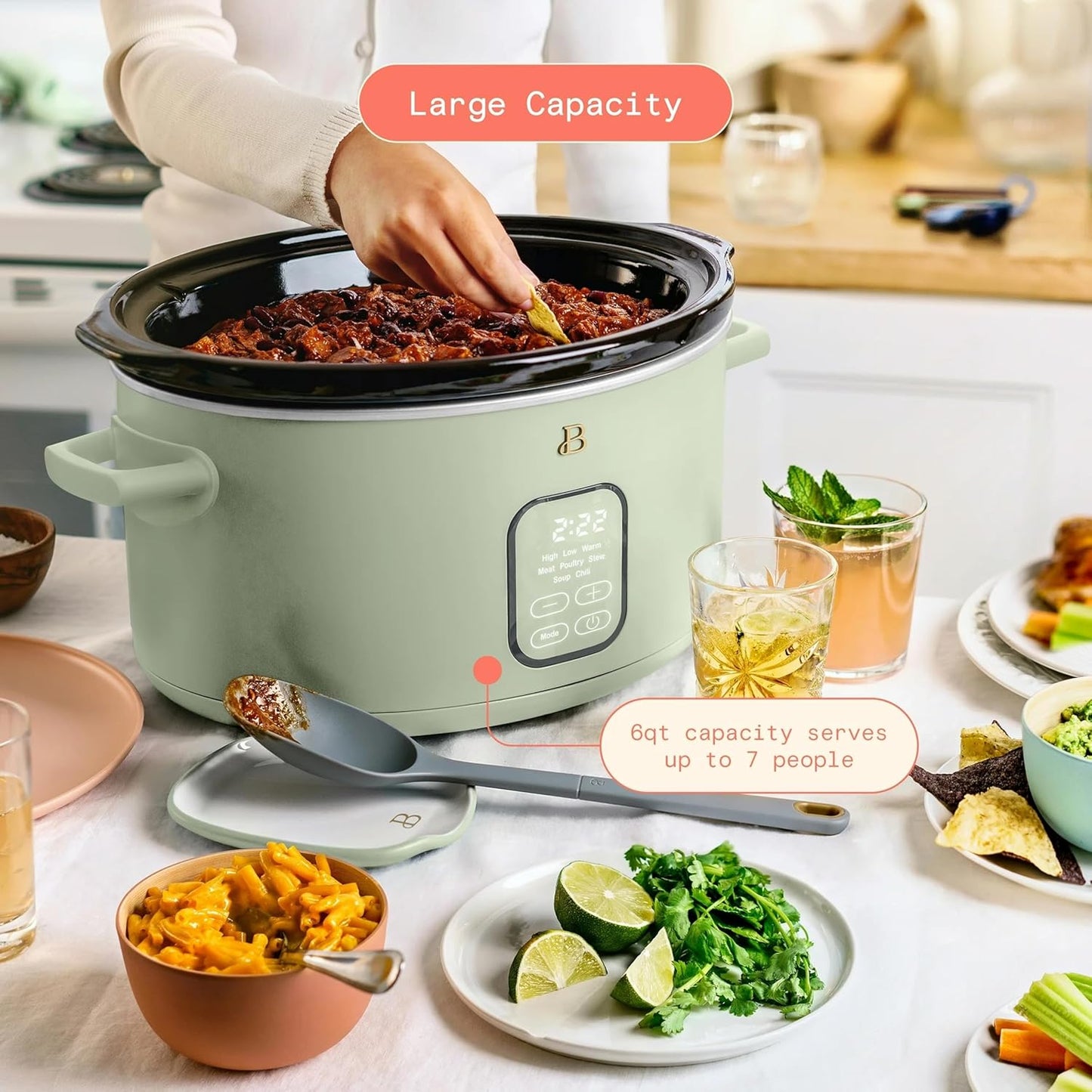 Beautiful 6 Qt Programmable Slow Cooker by Drew Barrymore - 5 Preset Cooking Functions, Digital Countdown Timer, Dishwasher-Safe Parts, and Cool-Touch Handles (Sage Green.)