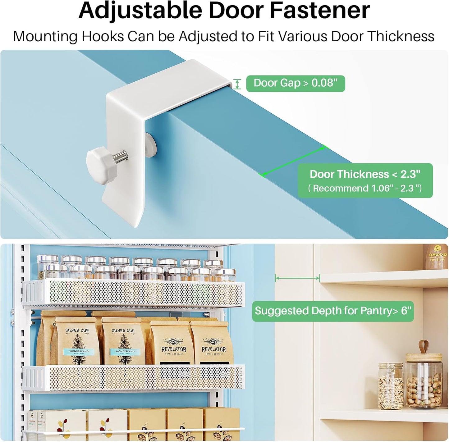Over the Door Pantry Organizer - 8 Tier Adjustable Pantry Door Spice Organizer, Large Capacity Hanging Door Spice Rack for Kitchen Pantry Organizers and Storage (White, 17"W x 6"D x 69"H)