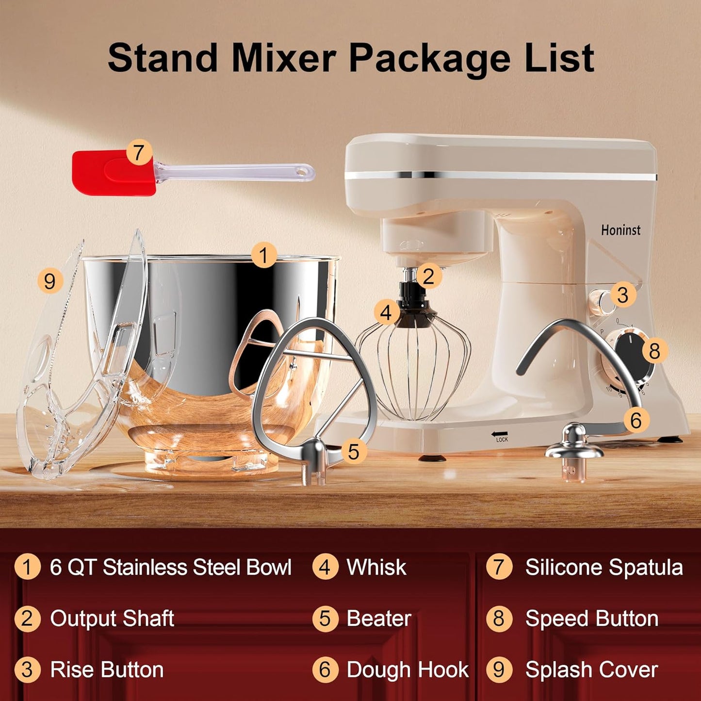Stand Mixer, 10-Speed Kitchen Electric Mixer, 6QT Food Mixer with 8-in-1 Splash Guard, Dishwasher-Safe Dough Hook/Whisk/Beater/Spatula, Dough Mixers for Baking, Beige