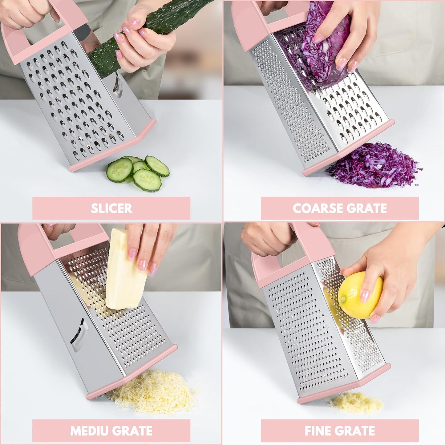 Urbanstrive Cheese Grater With Container, Professional Cheese Grater with Handle, Stainless Steel Graters for Kitchen Handheld, Box Grater with 4 Sides for Vegetables, Ginger, Potatoes (Pink)