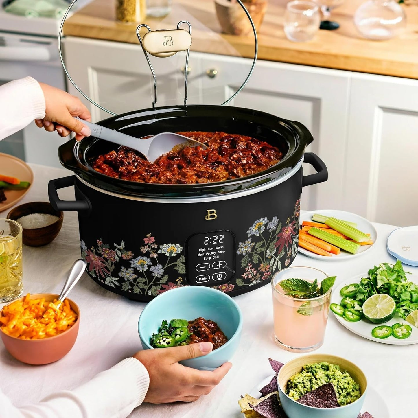 Beautiful 6 Qt Programmable Slow Cooker by Drew Barrymore - 5 Preset Cooking Functions, Digital Countdown Timer, Dishwasher-Safe Parts, and Cool-Touch Handles (Black) (Wildflower Black)