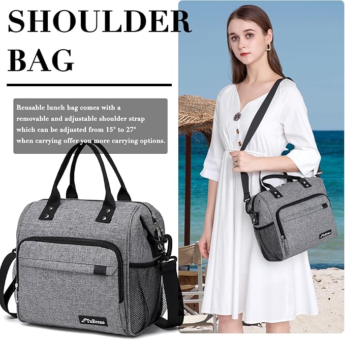 TuErCao Insulated Lunch Bag Soft Cooler Bag for Beach Travel Picnic, Adult Lunch Box for Women for Work, Dark Grey