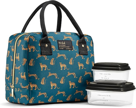 Fit & Fresh Bloomington Lunch Bag for Women - Insulated Large Lunch Box for Work with Containers, Leak-Resistant, Stain-Resistant, Zipper Closure, Teal Cheetah