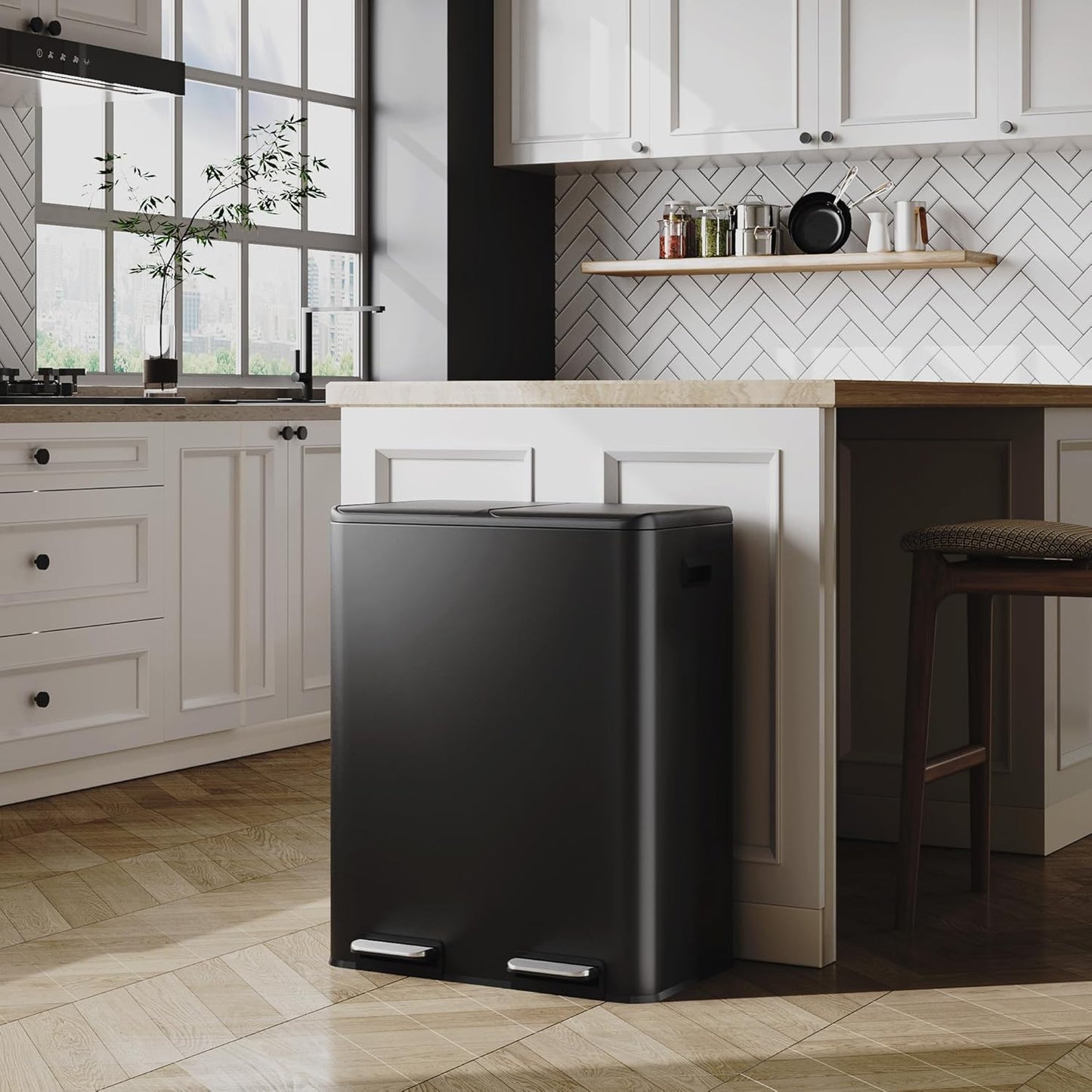 WLIVE 2 x 8 Gallon Stainless Steel Dual Trash Can, Double Trash Can Kitchen with Soft-Close Lid, Trash and Recycle Bin Combo, Kitchen Garbage Can with Deodorizing Filter Box and Inner Buckets, Black