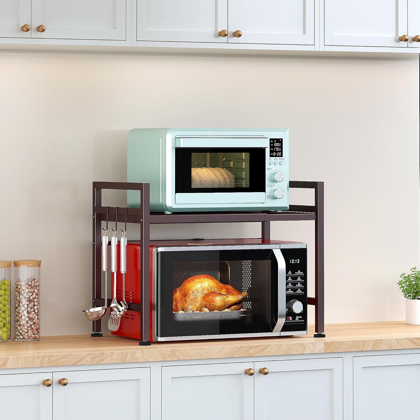 PUSDON Extendable Microwave Oven Rack, Adjustable Microwave/Toaster Shelf Heavy Duty Stand Kitchen Counter Top Organizer, 2 Tier with 3 Hooks, 160lbs Weight Capacity, Bronze