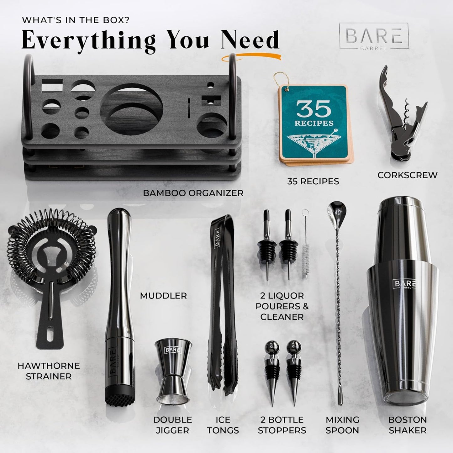 BARE BARREL® Mixology Bartender Kit Bar Set | 14-Piece Cocktail Shaker Set | Martini Barware Mixing Tools for Home Bartending | 35 Recipe Cards | Gift Set (28oz Boston Shaker, Jet Black/Black)