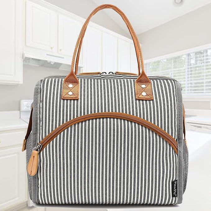 FlowFly Insulated Lunch Bag Wide-Open Lunch Box Large Tote Leakproof Cooler with Drink Holder and Multi Pockets for Women Men Adult Kids Work Picnic Travel Beach Hiking, White Black Stripes