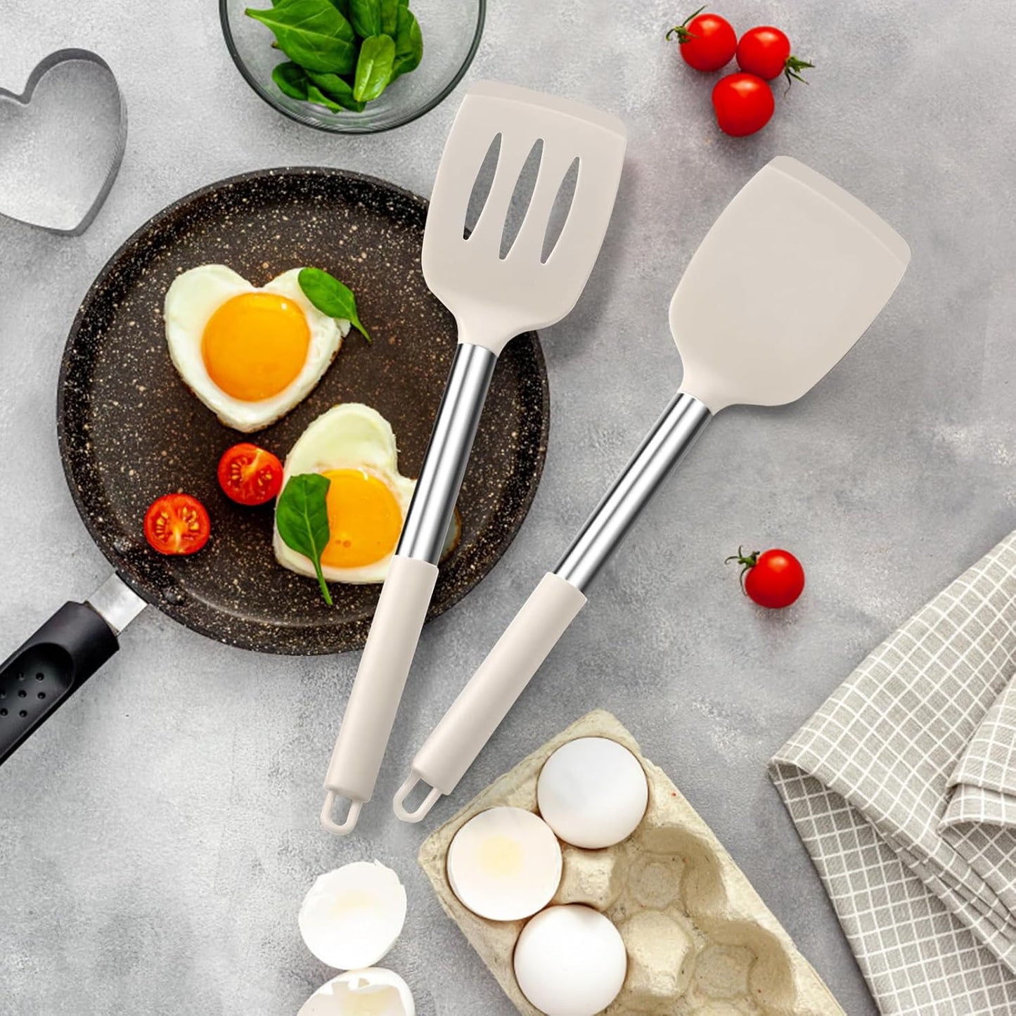 E-far Silicone Spatula Set of 2, Solid & Slotted Turner for Nonstick Cookware, Heat Resistant Rubber Kitchen Cooking Utensils for Flipping Fish Pancake Egg - Khaki