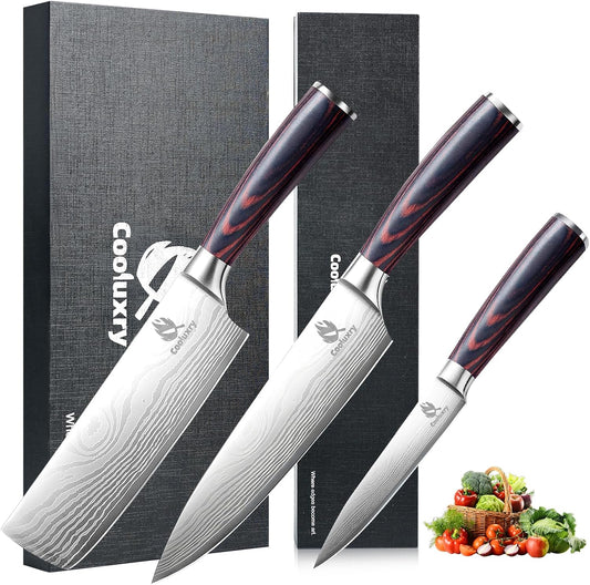 3-Piece Kitchen Knife Set, Chef Knife, Utility Knife & Paring Knife for Precise Cutting, 3 Piece High Carbon Stainless Steel Professional Chef Knife Set with Wooden Handle, Ultra Sharp Blade