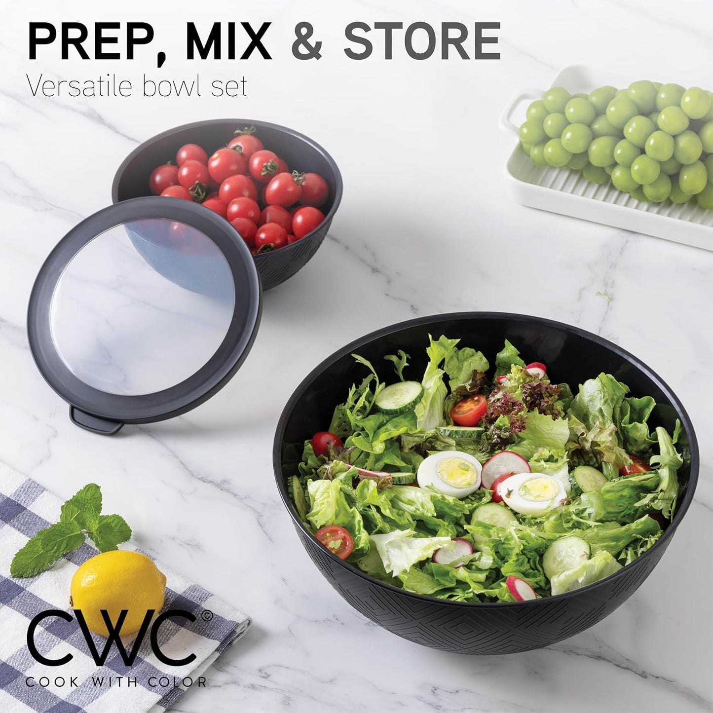 COOK WITH COLOR Mixing Bowls with Lids - 12 Piece Plastic Nesting Bowls Set includes 6 Prep Bowls and 6 Lids, Rhombus Design - Microwave Safe (Black)