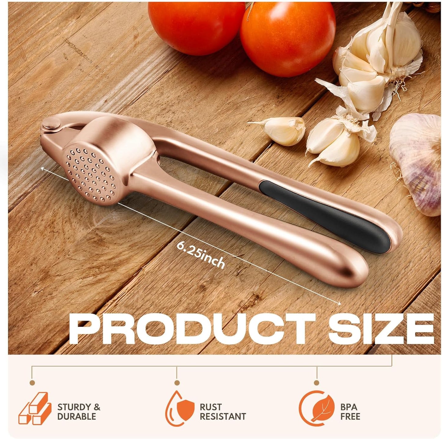 Kitchen Garlic Press, Rust Proof & Dishwasher Safe Garlic Mincer, Durable Garlic Crusher Set with Peeler＆Brush, Easy to Clean and Squeeze, Copper