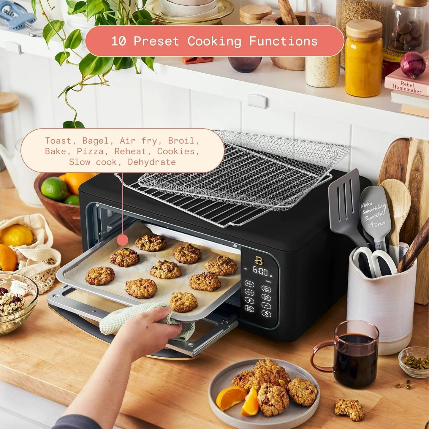 Beautiful Infrared Air Fryer Toaster Oven Combo - 10-in-1 Countertop Convection Oven with Air Fry, Bake, Pizza, Toast & Dehydrate Functions - 1800W Stainless Steel Kitchen Appliance (Black Sesame)