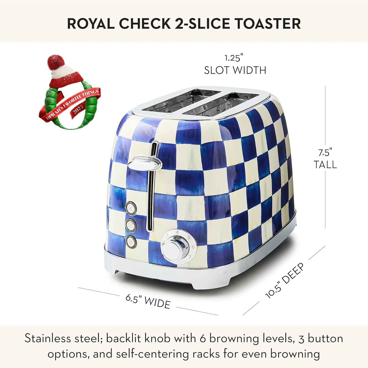 MACKENZIE-CHILDS 2-Slice Toaster, Decorative Toaster for Kitchen, Blue-and-White Royal Check