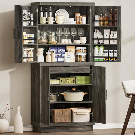 ONBRILL 71" Tall Kitchen Pantry Cabinet, Pantry Storage Cabinet with 6 Door Shelves, Hidden Drawer and Adjustable Shelf, Freestanding Rustic Wood Pantry for Kitchen, Dining Room (Black Smoky)