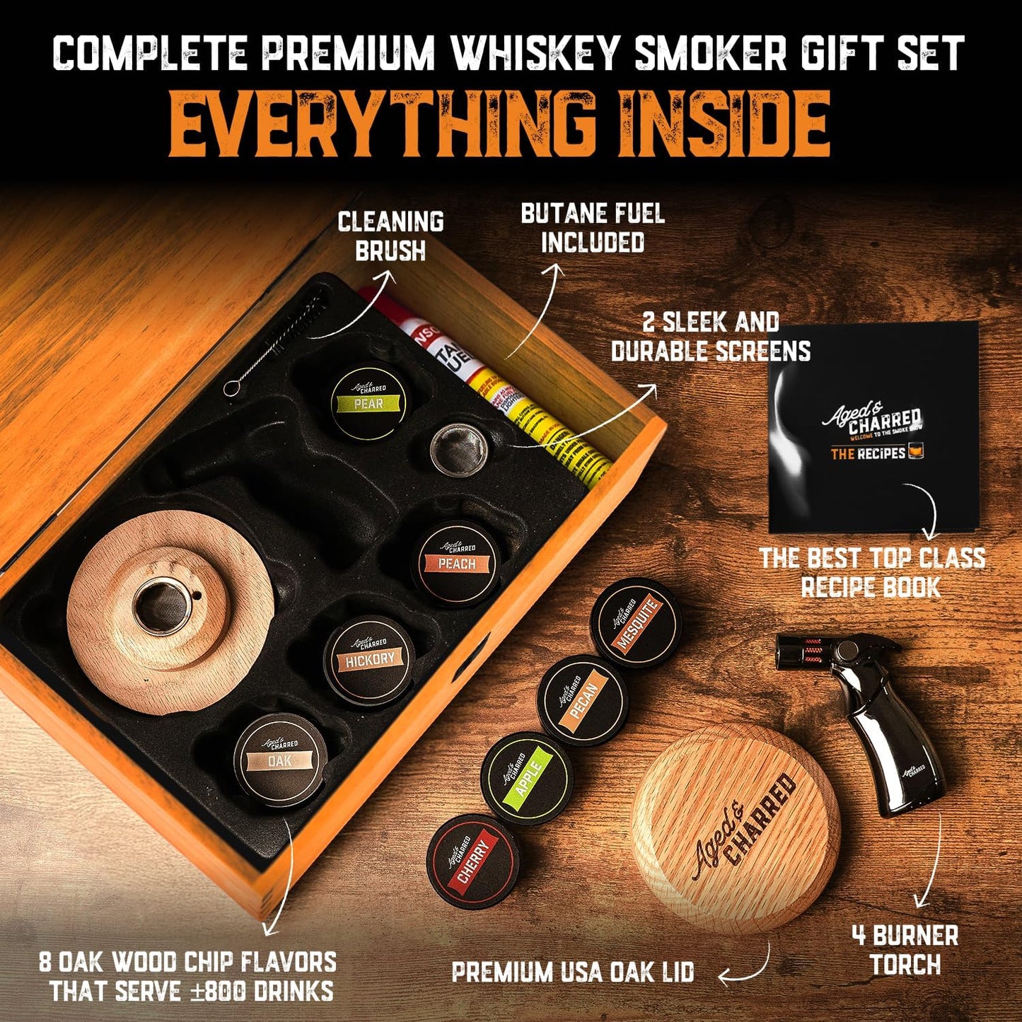 Whiskey Cocktail Smoker Kit with Torch, Old Fashioned Syrup & 8 Flavors Wood Chips - Premium USA Oak Smoker - Old Fashioned Smoker Kit - Bourbon Gifts for Men (with Butane)