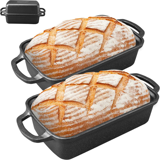 2 in 1 Cast Iron Bread Pan with Lid 9×5 Inch - Loaf Bakeware for Sourdough & Sandwich Bread - Pre-Seasoned Dutch Oven Style - Heavy Duty with Even Heating