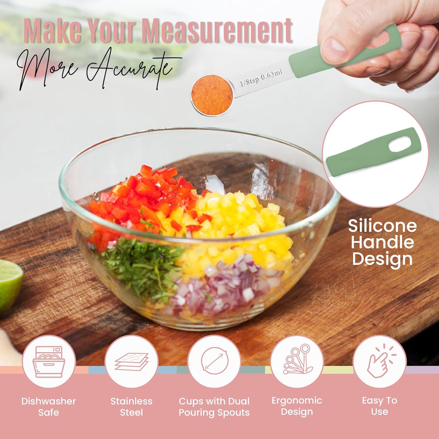 Nextop 14-Piece Stainless Steel Measuring Cups and Measuring Spoons Set with All Stackable Sizes and Leveler for Dry Ingredients, Complete Set for Kitchen & Baking Measuring Tools (Peach Set)