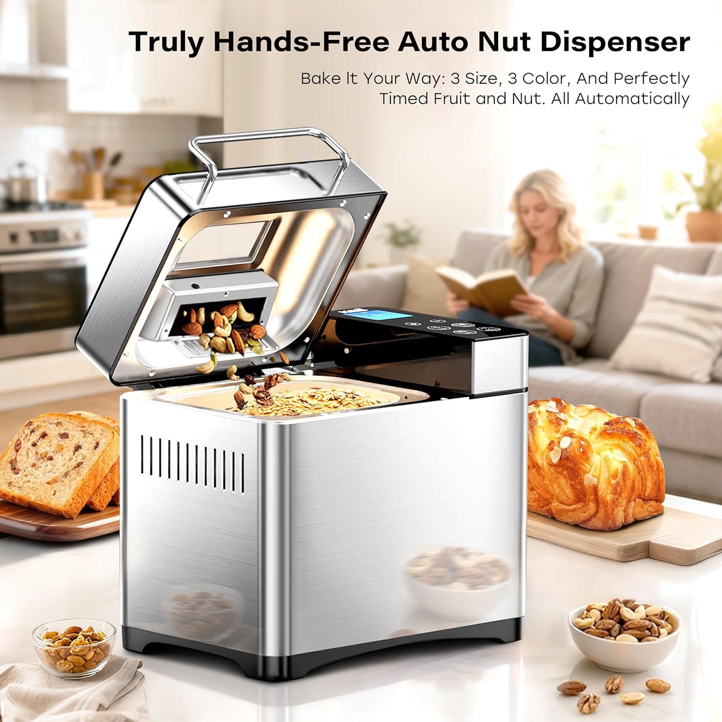 KBS Pro 710W Bread Maker, 2LB 17-in-1 Automatic Bread Machine with Healthy Ceramic Pan, Nut Dispenser, Tempered Glass Touch Panel, Stainless Steel Housing,3 Crust Colors, 15H Timer&Keep-Warm, Recipe