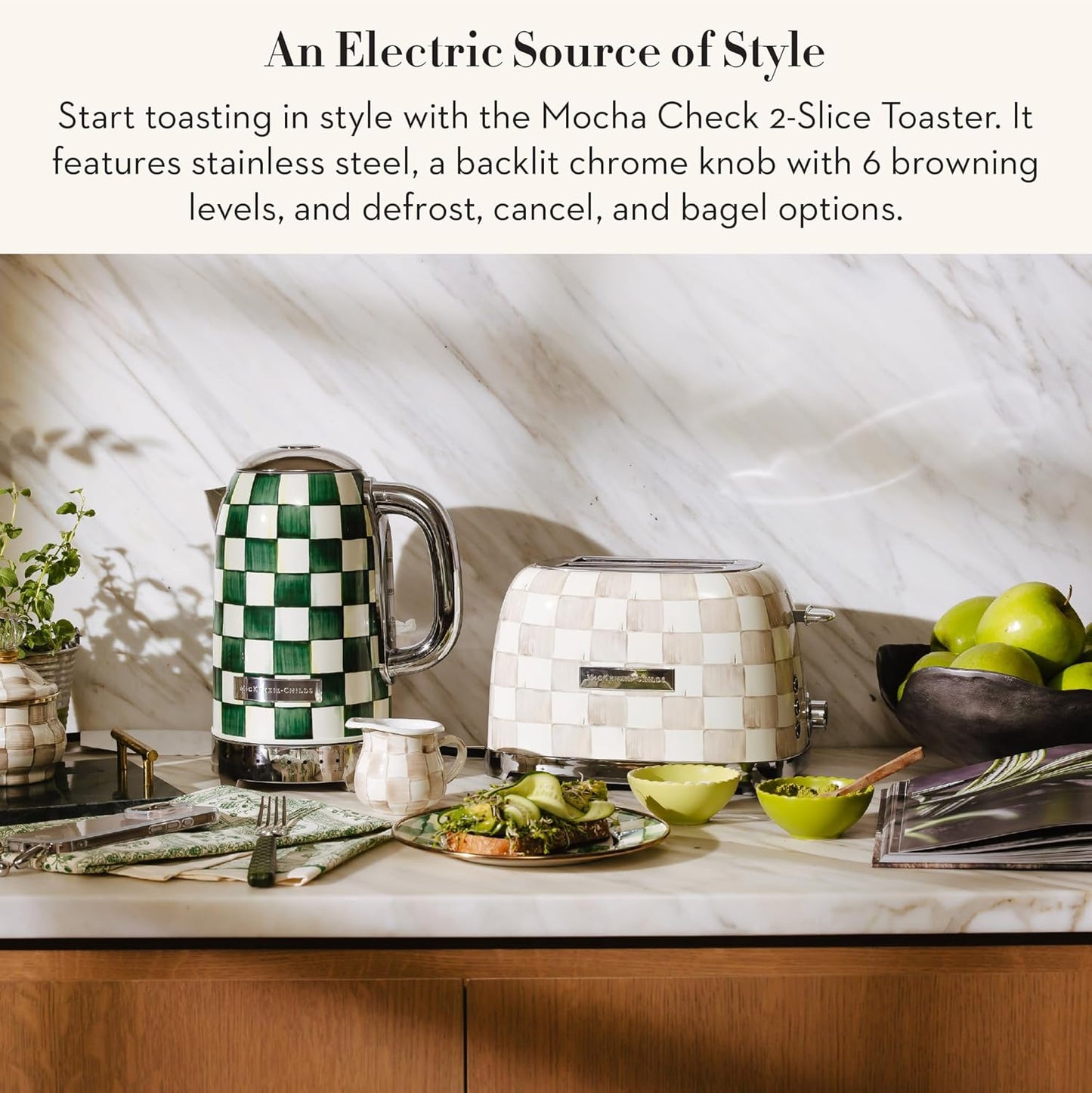 MACKENZIE-CHILDS 2-Slice Toaster, Decorative Toaster for Kitchen, Brown-and-White Mocha Check