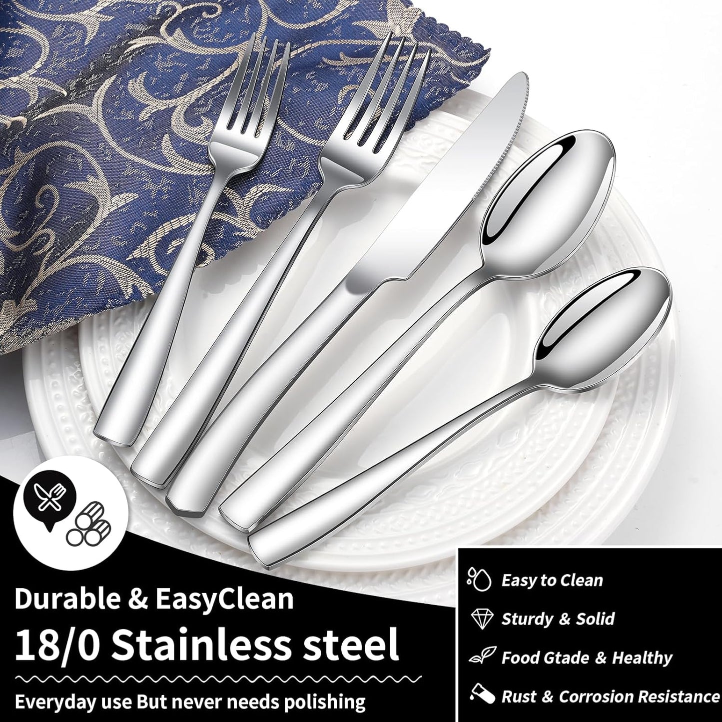 40-Piece Silverware Set, Heavy Duty Stainless Steel Flatware Set Service for 8, Modern Design Cutlery Utensil Sets, Dinner Fork Knife Spoon Eating Tableware Sets for Home, Dishwasher Safe