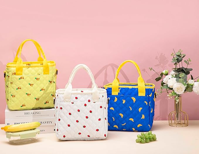 TuErCao Cute Banana Lunch Box for Women Lunch Bags for Work Small Insulated LunchBag for Picnic Travel Shopping, Portable Lightweight Ultrasonic Soft Touch LunchTote for Young Ladies