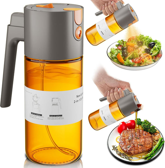 17oz/500ml Oil Sprayer for Cooking with Stickers, 2 in 1 Glass Olive Oil Mister for Kitchen, Light-Proof Spray Bottle Portion Control, Large Olive Oil Dispenser Bottle for Salad, Air Fryer, BBQ