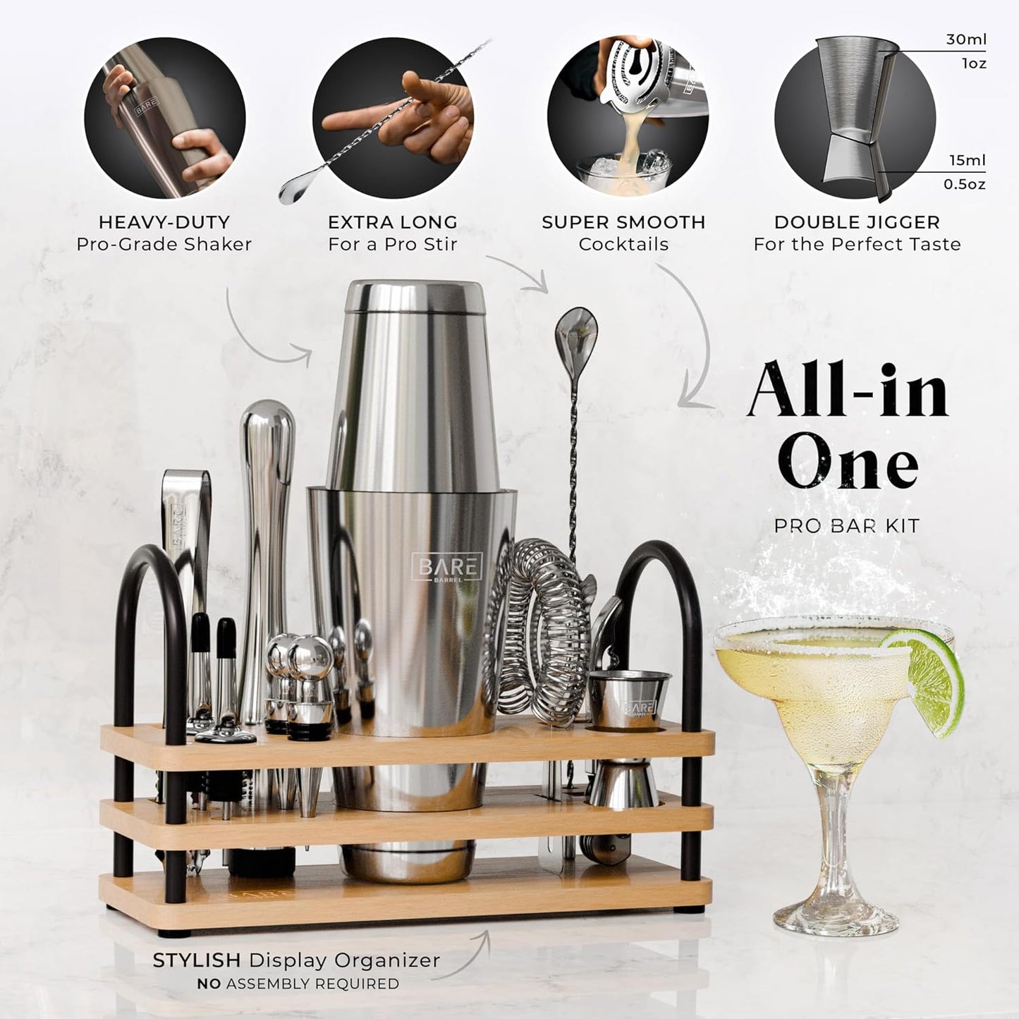 BARE BARREL® Mixology Bartender Kit Bar Set | 14-Piece Cocktail Shaker Set | Martini Barware Mixing Tools for Home Bartending | 35 Recipe Cards | Gift Set (28oz Boston Shaker, Silver/Natural)