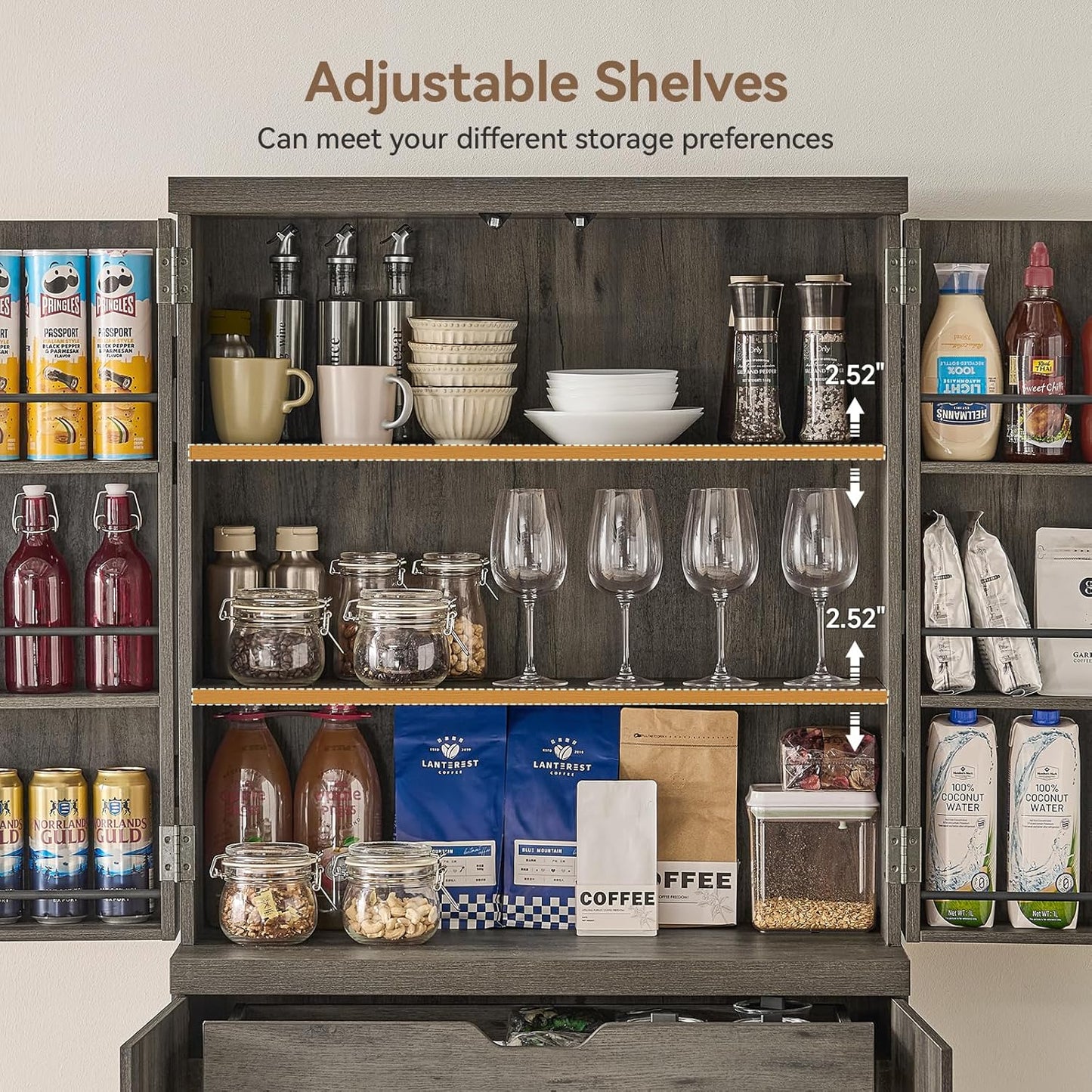 ONBRILL 71" Tall Kitchen Pantry Cabinet, Pantry Storage Cabinet with 6 Door Shelves, Hidden Drawer and Adjustable Shelf, Freestanding Rustic Wood Pantry for Kitchen, Dining Room (Black Smoky)