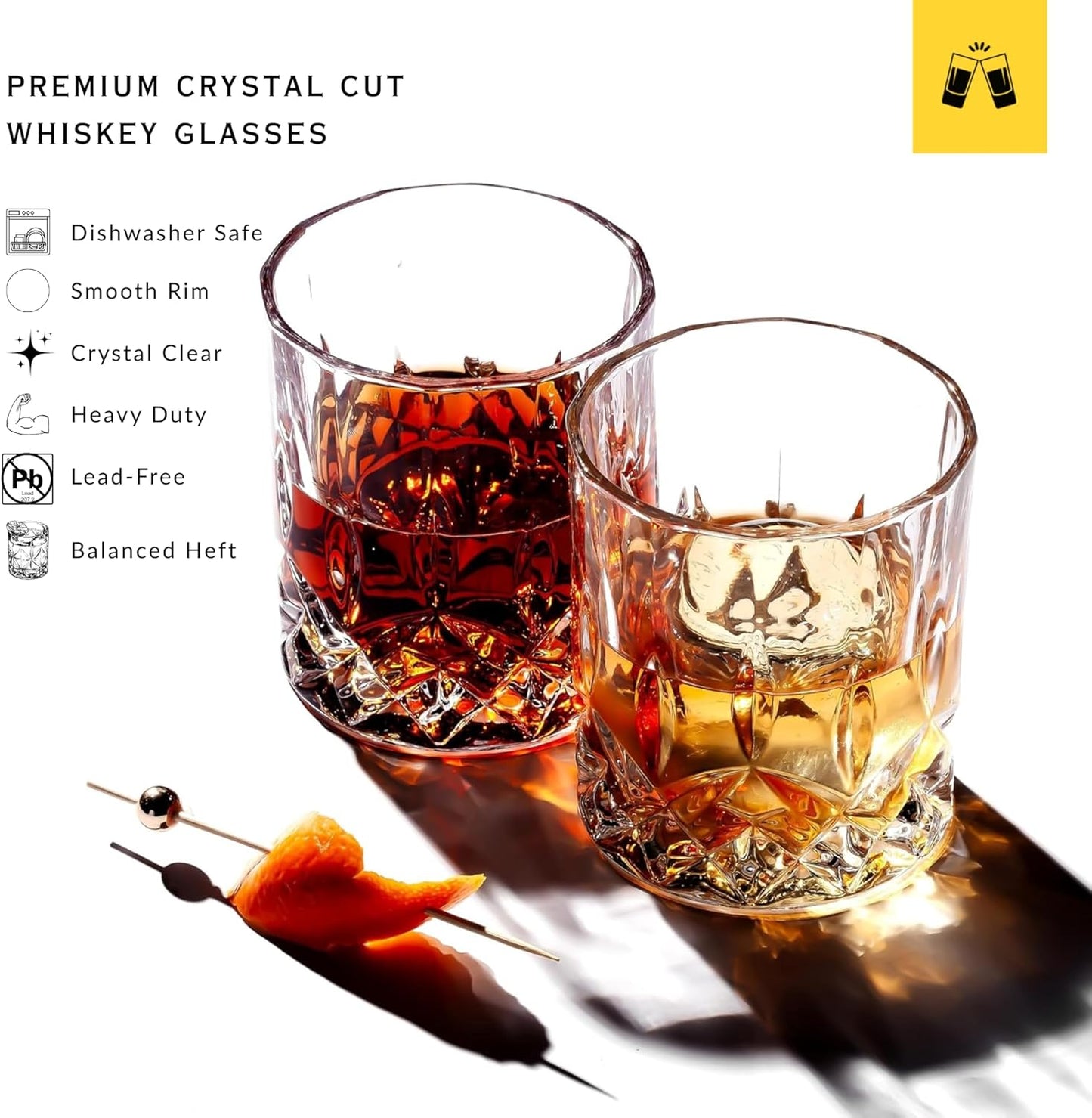 LEMONSODA Crystal Cut Old Fashioned Whiskey Glasses Set of 2, 4, 6-10oz Ultra-Clear Premium Lead-Free Rocks Glass Tumbler For Drinking Bourbon, Scotch, Cognac, Cocktails (Set of 4)