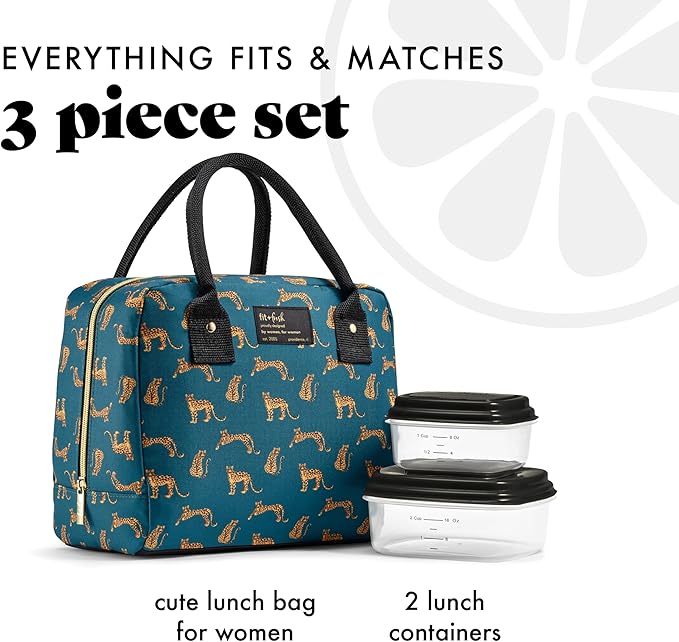 Fit & Fresh Bloomington Lunch Bag for Women - Insulated Large Lunch Box for Work with Containers, Leak-Resistant, Stain-Resistant, Zipper Closure, Teal Cheetah