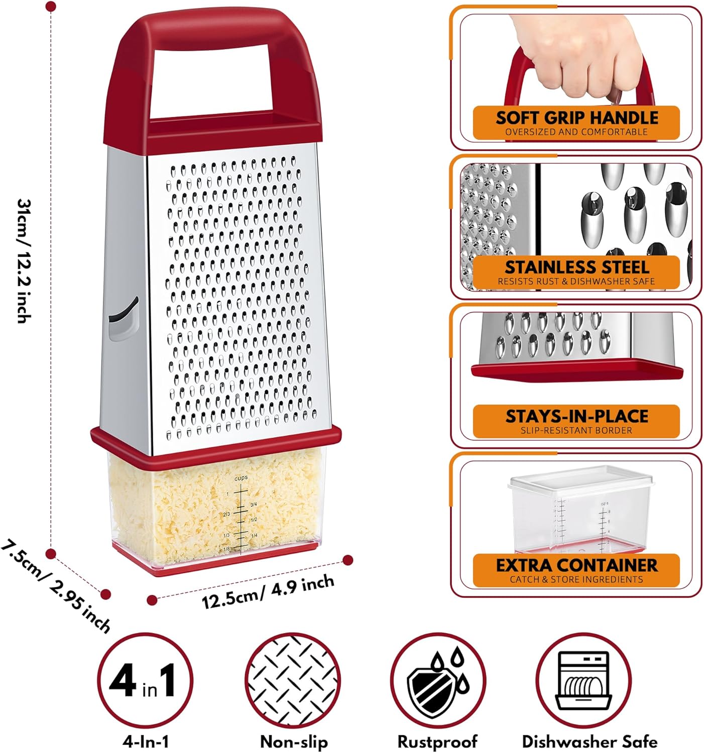 Urbanstrive Cheese Grater With Container, Professional Cheese Grater with Handle, Stainless Steel Graters for Kitchen Handheld, Box Grater with 4 Sides for Vegetables, Ginger, Potatoes (Red)