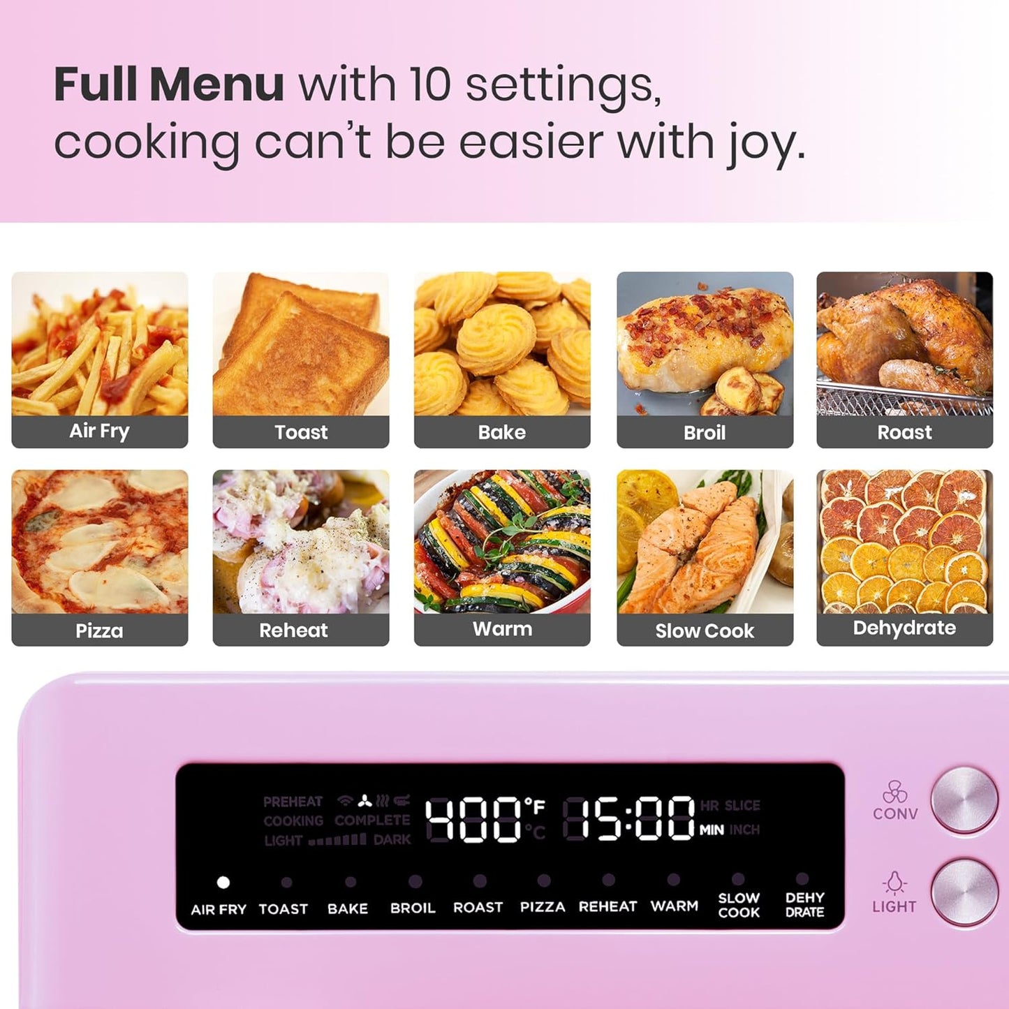 VAL CUCINA Retro Style Infrared Heating Air Fryer Toaster Oven, Extra Large Countertop Convection Oven 10-in-1 Combo, 6-Slice Toast, Enamel Baking Pan Easy Clean with Recipe Book, Classic Pink Color