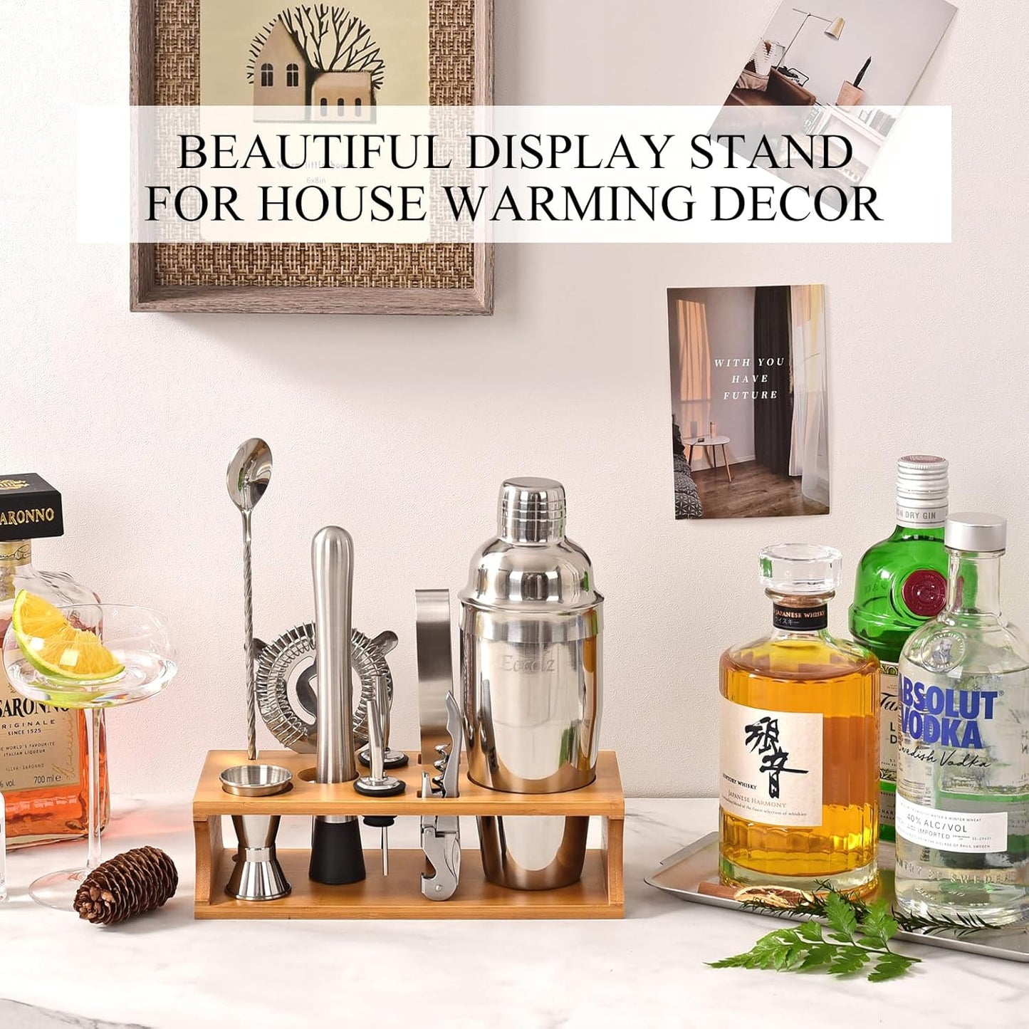 Bartender Kit Cocktail Shaker Set with Stand Bar Tool Bar Set for Drink Mixing Home Bartending Kit 11-Piece Bar Cart Accessories: Martini Shaker, Mixer Spoon, Jigger, Muddler, Strainer & Recipes Gifts