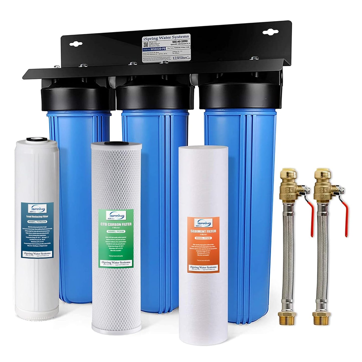 iSpring WGB32B-PB 3-Stage Whole House Water Filtration System (w/ 20” x 4.5” Fine Sediment, Carbon Block, and Lead Reducing Filters) w/ 3/4'' Push-Fit Stainless Steel Hose Connectors