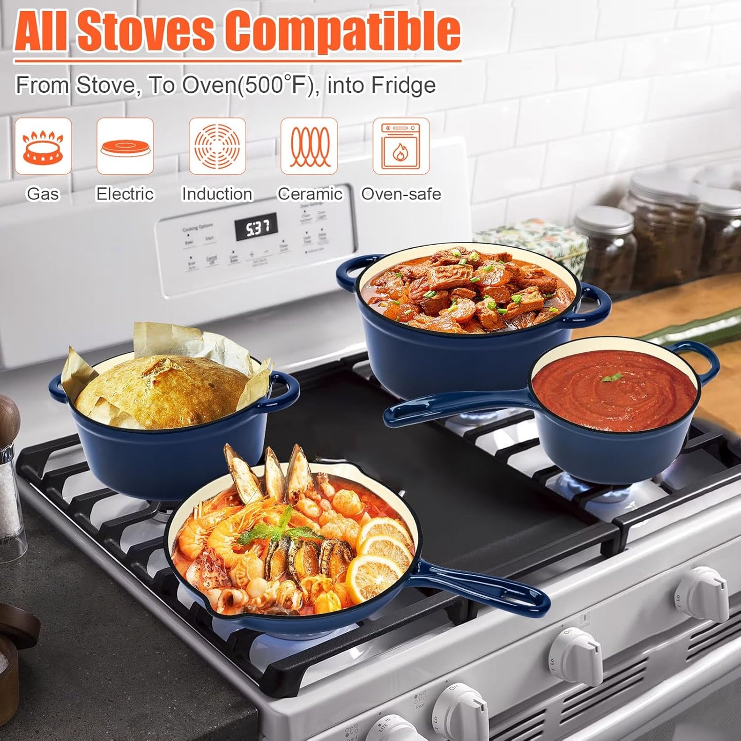 QuliMetal Nonstick Enameled Cast Iron Cookware Set, Frying Pan Skillet- 7-Pcs Pots and Pans with Lid, Healthy Round Dutch Oven Pot for Sourdough Bread Baking, Oven Safe up to 500° F or on All Stovetop