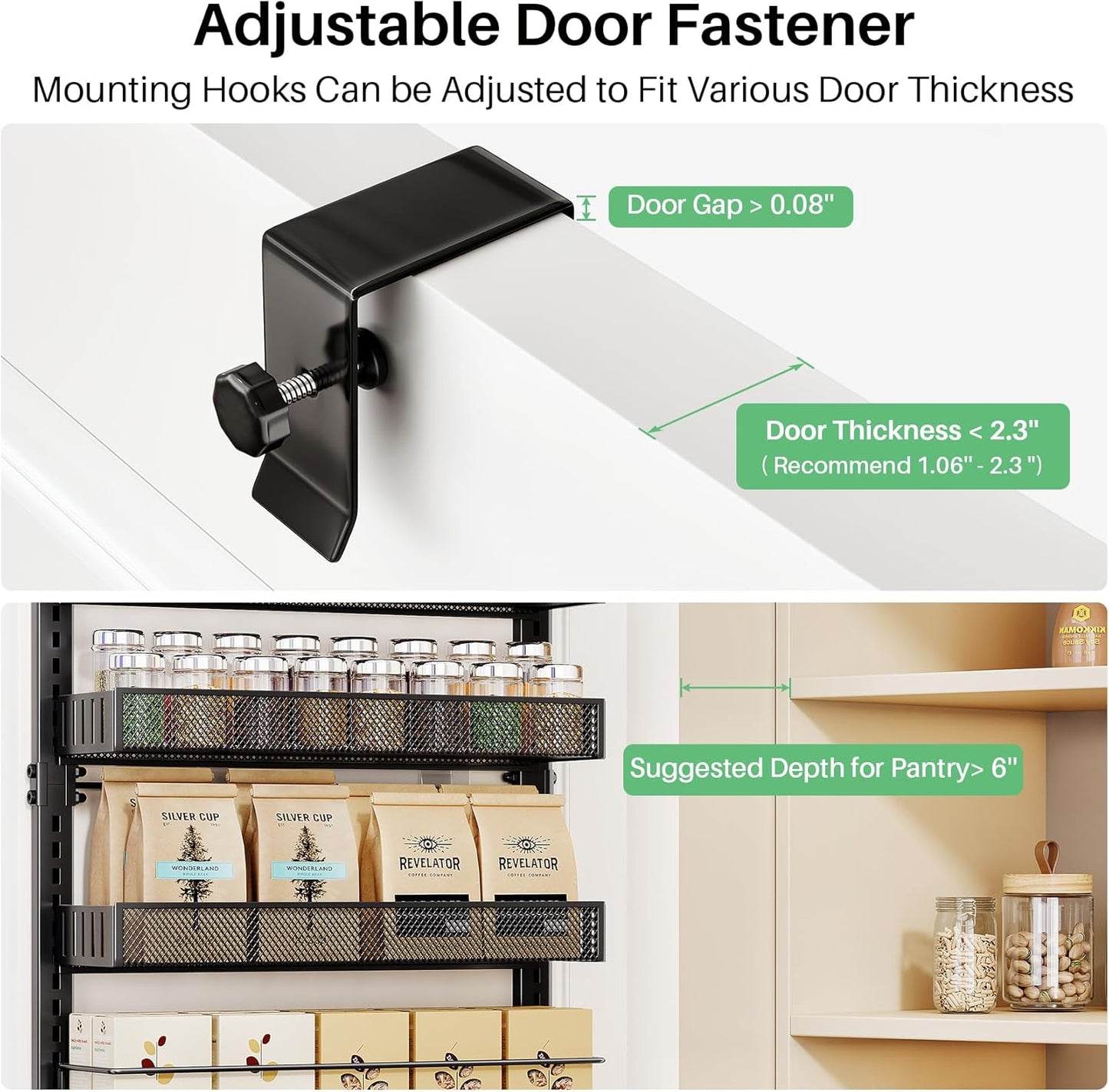 SNTD Over the Door Pantry Organizer - 8 Tier Adjustable Pantry Door Spice Organizer, Large Capacity Hanging Door Spice Rack for Kitchen Pantry Organizers and Storage (Black, 17" W x 6" D x 69" H)