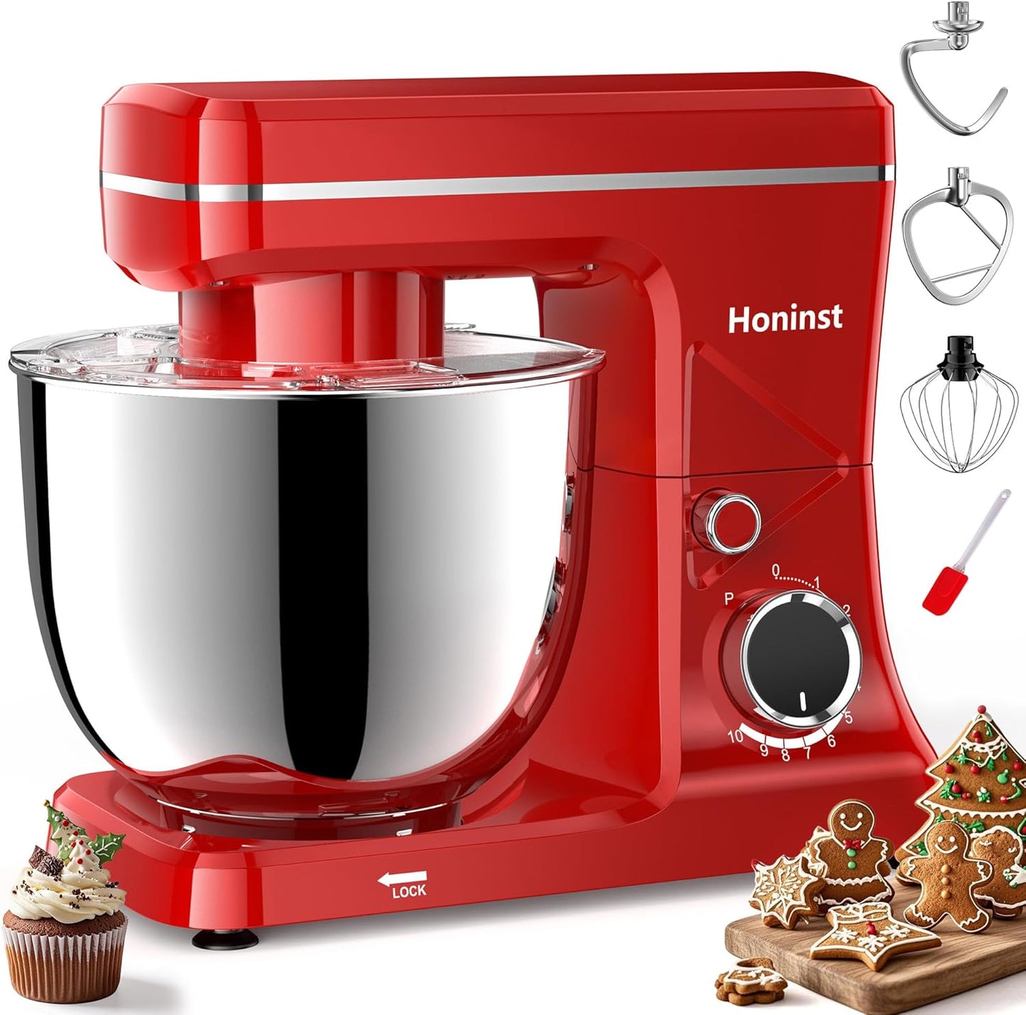 Stand Mixer, 10-Speed Kitchen Electric Mixer, 6QT Food Mixer with 8-in-1 Splash Guard, Dishwasher-Safe Dough Hook/Whisk/Beater/Spatula, Dough Mixers for Baking, Red