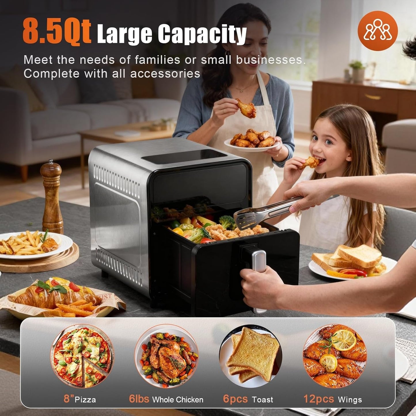 Air Fryer Toaster Oven with Rotisserie, 8.5QT 1650W 6-In-1 Countertop Oven with Stainless Steel Grill, 4 Preheats, 24H Timer, 13 Temp Settings, LED Touchscreen Digital Air Fryer Oven for Bake, Broil
