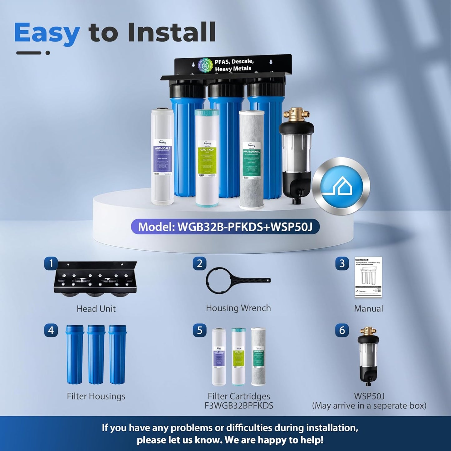 iSpring Whole House Water Filter System Ultimate PFAS Scale and Heavy Metals Protection Removes Up to 99% PFOA & PFOS with SGS-Tested Media, Jumbo Spin-Down Sediment Filter Model: WGB32B-PFKDS+WSP50J