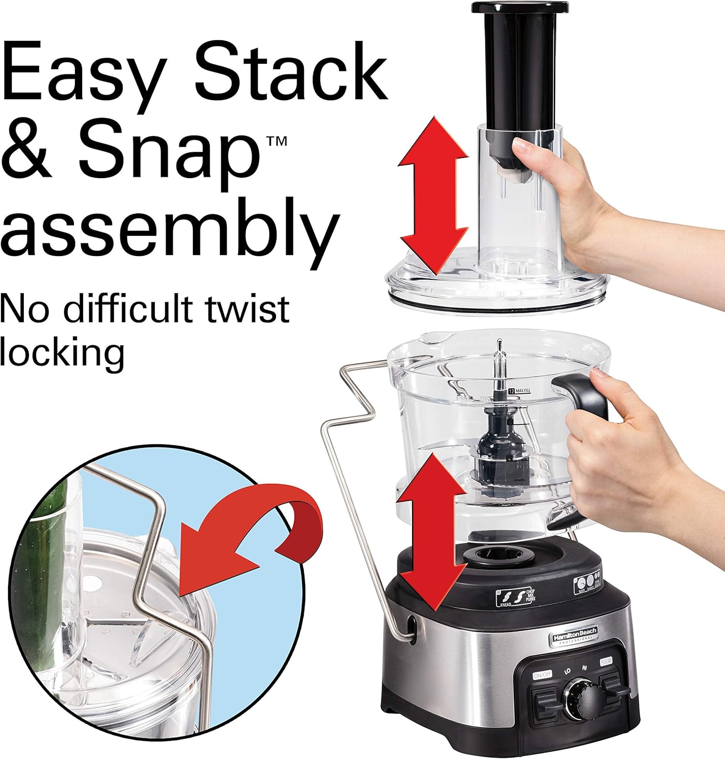 Hamilton Beach Professional Stack & Snap Food Processor & Veggie Spiralizer for Slicing, Shredding and Kneading, Extra-Large 3" Feed Chute Fits Whole Vegetables, 12 Cups, Stainless Steel (70815)