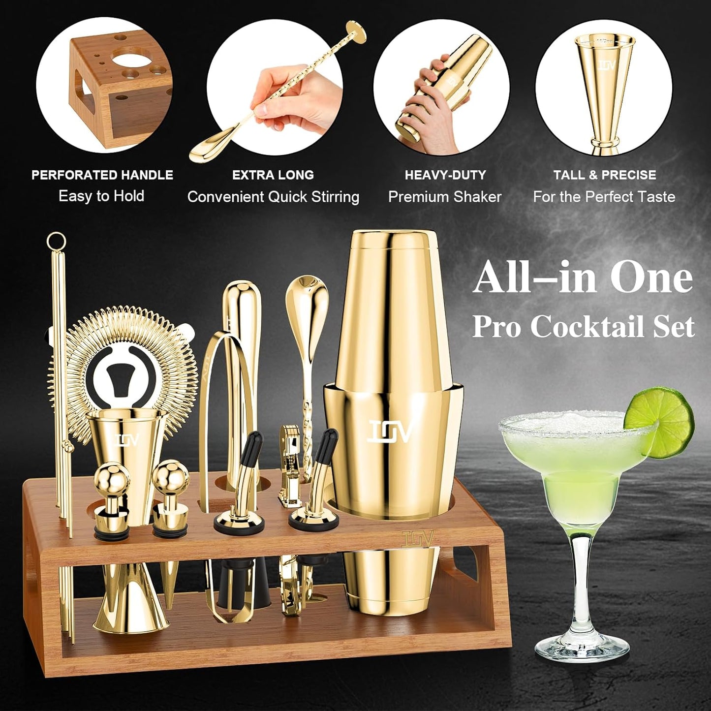 IOV Mixology Bartender Kit Bar Set with Stand | 17-Piece Cocktail Shaker Set | 28oz Boston Shaker Drink Mixer Set with All Essential Accessory Tools | Fun Housewarming Gift (Gold)