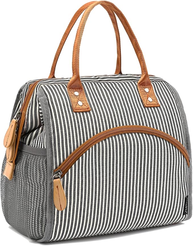 FlowFly Insulated Lunch Bag Wide-Open Lunch Box Large Tote Leakproof Cooler with Drink Holder and Multi Pockets for Women Men Adult Kids Work Picnic Travel Beach Hiking, White Black Stripes