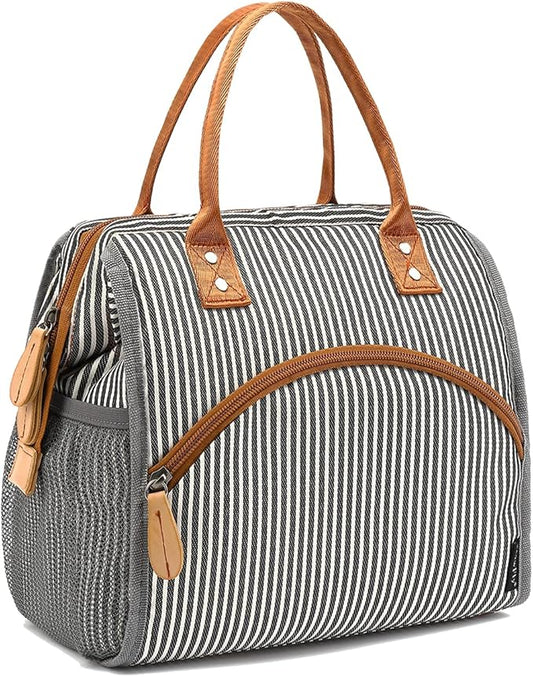 FlowFly Insulated Lunch Bag Wide-Open Lunch Box Large Tote Leakproof Cooler with Drink Holder and Multi Pockets for Women Men Adult Kids Work Picnic Travel Beach Hiking, White Black Stripes