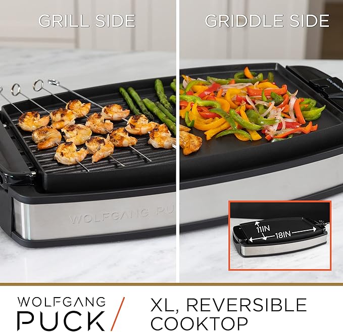 Wolfgang Puck XL Reversible Grill Griddle, Oversized Removable Cooking Plate, Nonstick Coating, Dishwasher Safe, Heats Up to 400ºF, Stay Cool Handles